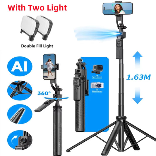 5 in1 Trépied et perche à Selfie - 360°Auto-Rotation - AI Tracking Shooting - Quadrapod et télécommande