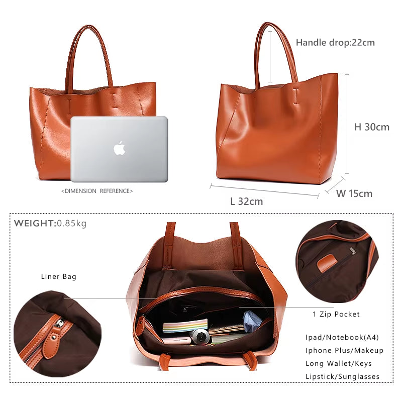 Classic Real Leather Women Tote Large Capacity with Zip Liner Purse Daily Big Shoulder Handbags A4 Laptop Shopping Commute Bags