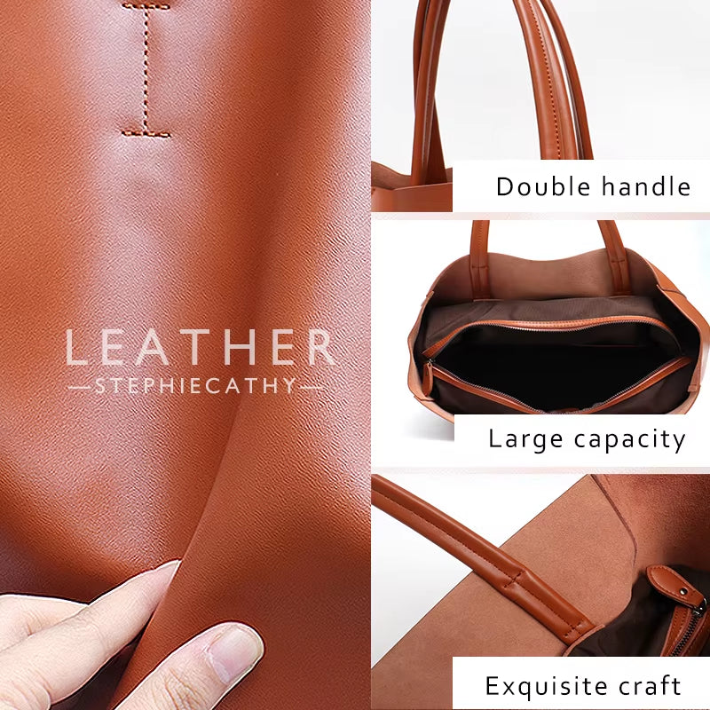 Classic Real Leather Women Tote Large Capacity with Zip Liner Purse Daily Big Shoulder Handbags A4 Laptop Shopping Commute Bags