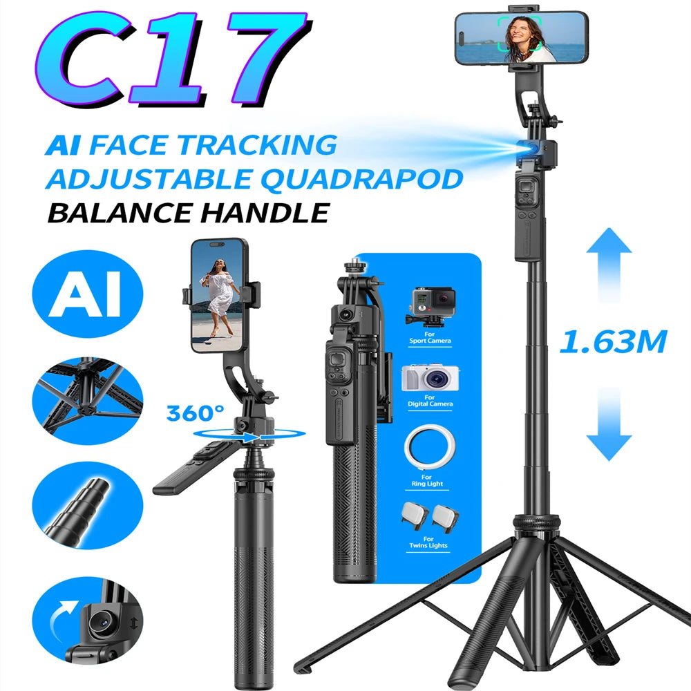 5 in1 Trépied et perche à Selfie - 360°Auto-Rotation - AI Tracking Shooting - Quadrapod et télécommande