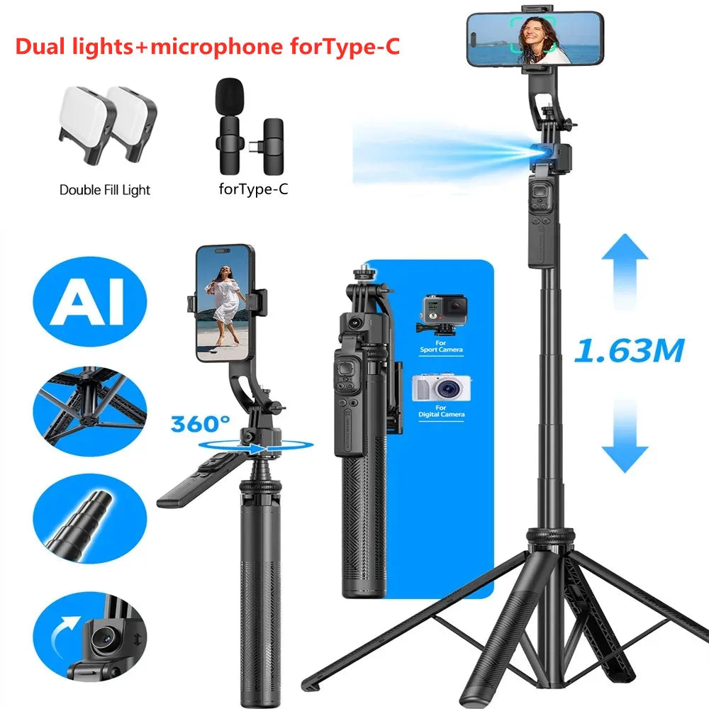 5 in1 Trépied et perche à Selfie - 360°Auto-Rotation - AI Tracking Shooting - Quadrapod et télécommande