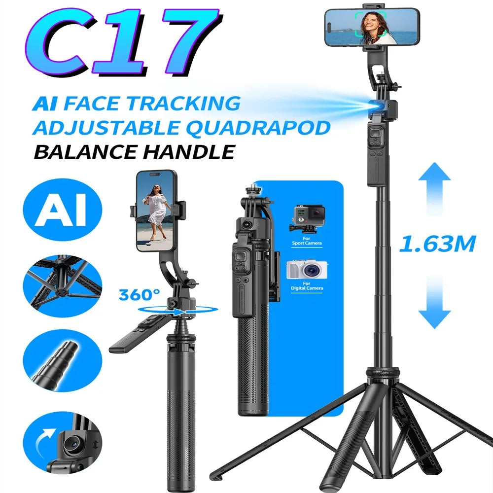 5 in1 Trépied et perche à Selfie - 360°Auto-Rotation - AI Tracking Shooting - Quadrapod et télécommande